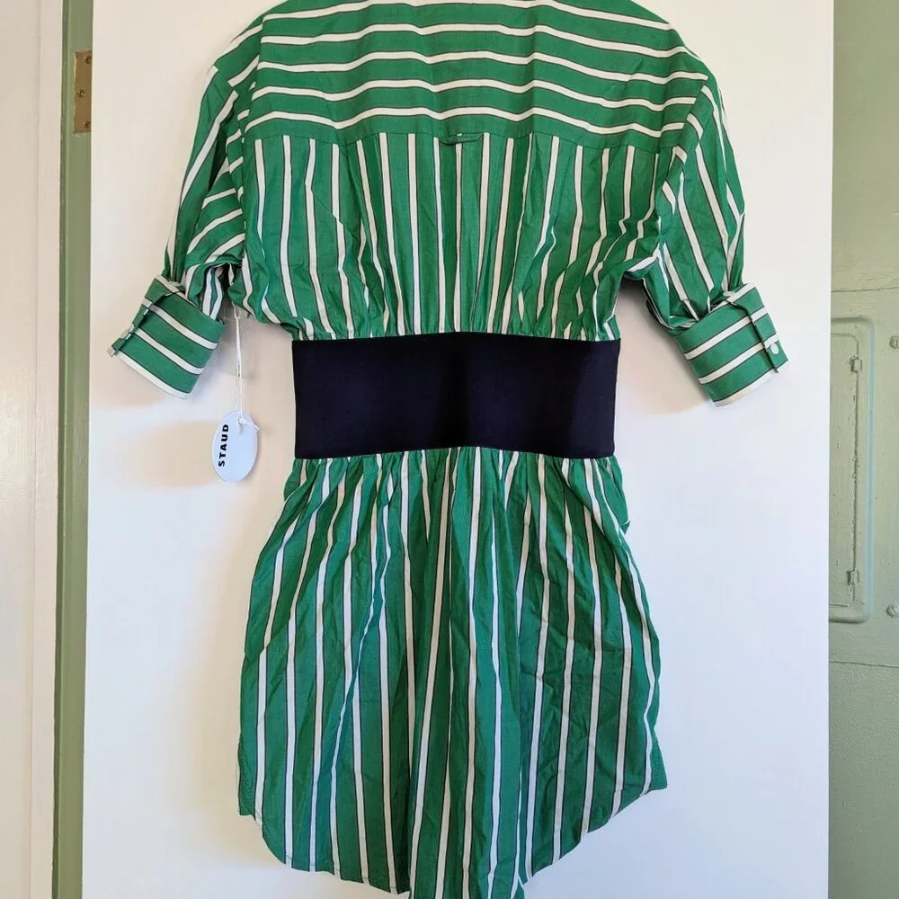STAUD Michelle Striped Shirt Mini Dress Seaweed Green Size M NWT Chic Versatile - Picture 12 of 16